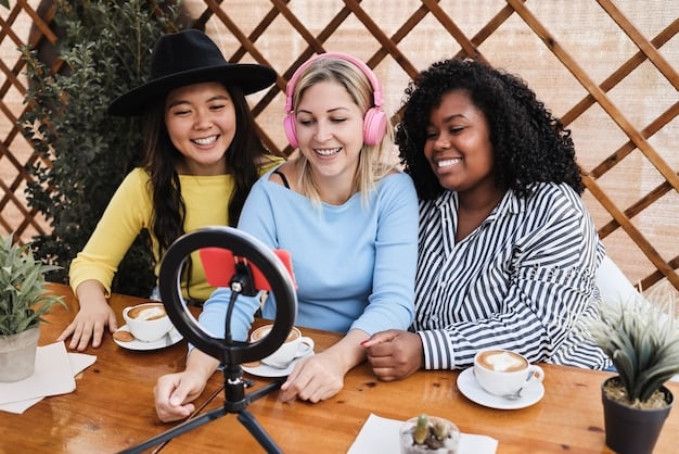 An image depicting a diverse group of social media influencers creating content. The influencers are using various devices like smartphones, cameras, and laptops. The background shows a visual representation of algorithms, with lines of code and data points swirling around them, symbolizing the invisible force that shapes their online reach and influence.