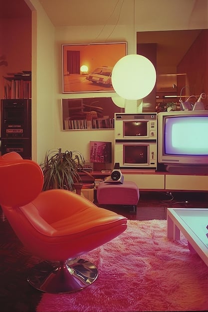 A split-screen image showing, on one side, a crowded living room in the 1980s, with a family gathered around a television set watching a popular network TV show. On the other side, a collage of modern individuals, each watching different streaming services on their personal devices (laptops, tablets, smartphones) in isolation. This visually represents the shift from shared, communal viewing experiences to fragmented, individual consumption of content.