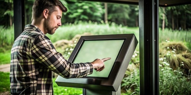 A digital screen showing an interactive public art installation in a park, where people can use their smartphones to change the colors and patterns of a light sculpture, showcasing technology enhancing community engagement.