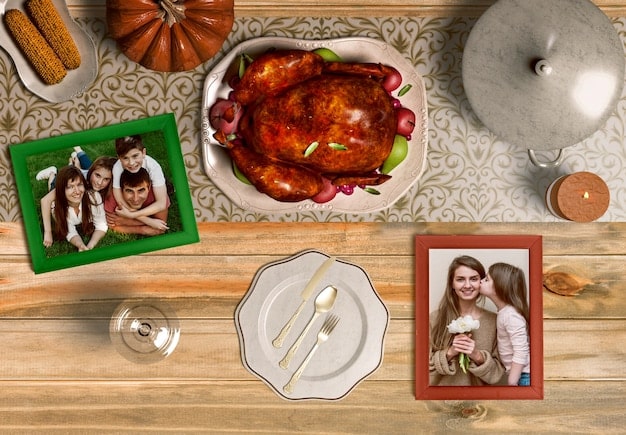 A split-screen showing a traditional American Thanksgiving dinner on one side and a modern fusion meal with elements from various international cuisines on the other. The setting is a contemporary American home.