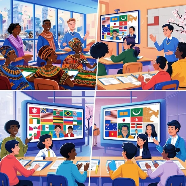 A split-screen image showing a classroom filled with diverse students on one side, and a group of protesters holding signs with varying slogans outside a university building on the other side. The image illustrates the tensions between academic discussions and activism on campus.