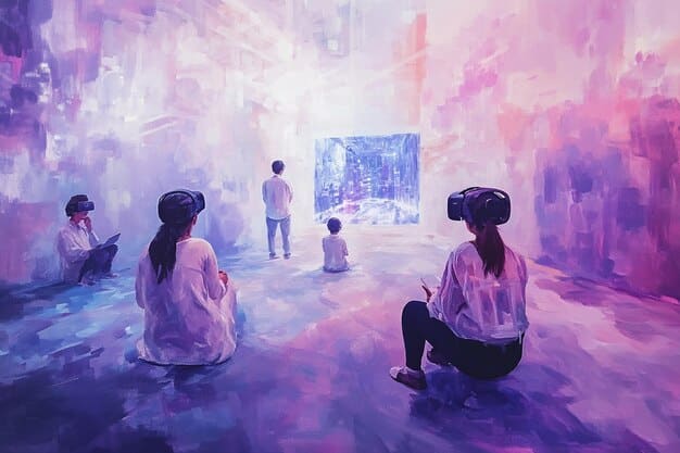 A digital painting created by an AI, displayed on a large screen in a modern art gallery, surrounded by people admiring it. The painting has a surreal, dreamlike quality.