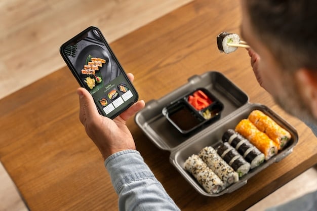 A person ordering food through a sleek, user-friendly mobile app, showing detailed dish descriptions and customization options.