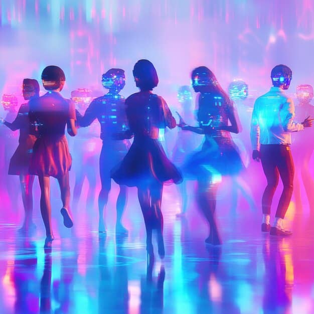 A virtual concert in the metaverse featuring a holographic performer and a crowd of avatars from different cultures cheering and dancing.