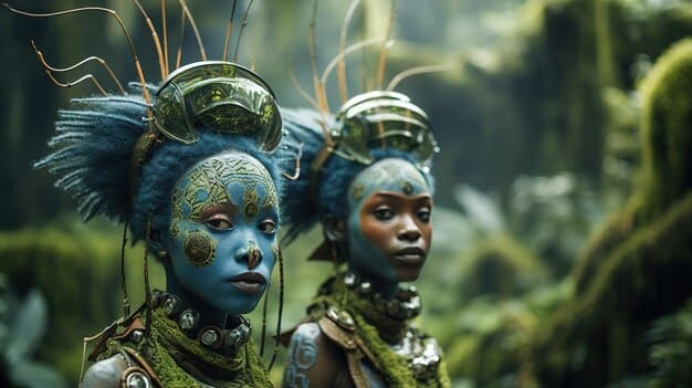 Avatars of diverse cultural backgrounds wearing traditional clothing and accessories, showcasing their identities within a metaverse environment.