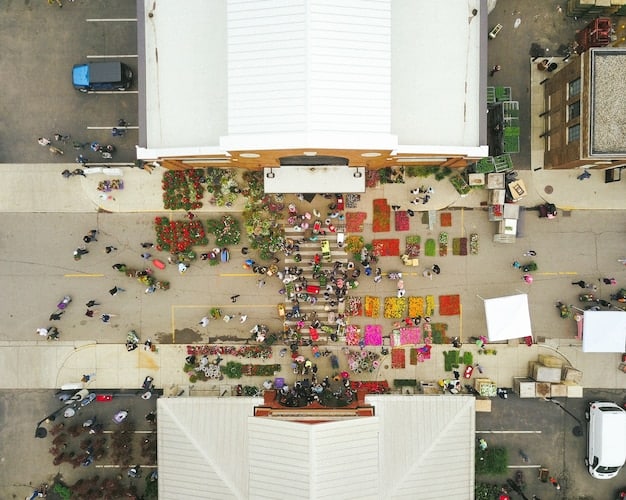 An aerial view of a music festival site, showing numerous vendors, food stalls, and attendees, highlighting the economic activity generated by the event.