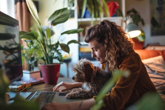 A person using a laptop at home, surrounded by plants and with a pet cat nearby, showcasing the freedom and flexibility often associated with gig work. The scene captures a relaxed and comfortable work environment.