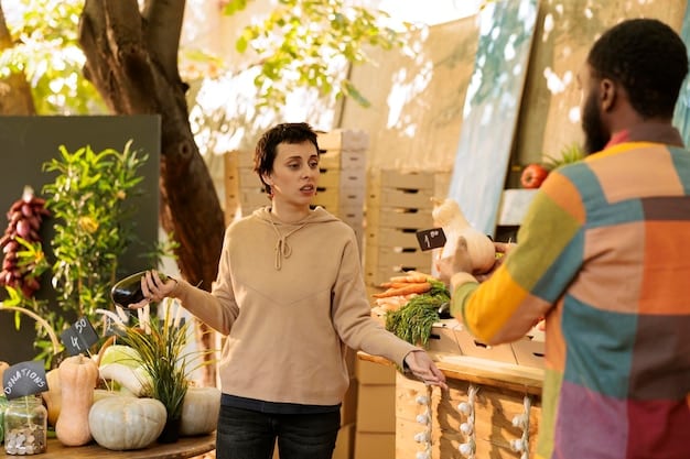 A vibrant farmer's market scene with diverse produce and local vendors, highlighting the sustainable sourcing movement in American cuisine.