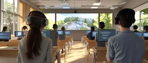 A split-screen image showing a real-world classroom juxtaposed with a virtual reality classroom, both filled with students and instructors.