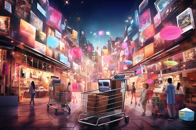 A bustling virtual marketplace within the metaverse, filled with avatars browsing digital products, virtual storefronts, and interactive advertisements.