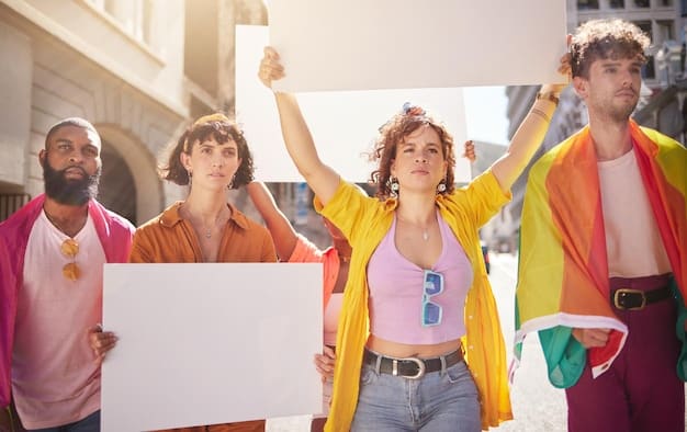A group of festival attendees participating in a social activism campaign at a music festival, holding signs and engaging in discussions about a particular cause.