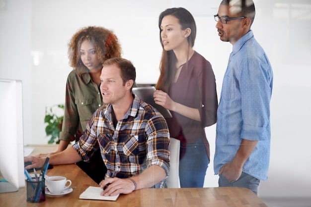 A diverse group of people working together in an office setting. Focus on teamwork and collaboration, with the company logo subtly displayed in the background. This represents the impact of affirmative action policies on employment practices.