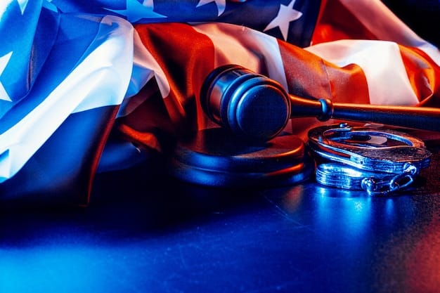 A gavel striking a sound block in a courtroom setting, with subtle lighting highlighting the US flag in the background, symbolizing the intersection of law, justice, and hate crime legislation.