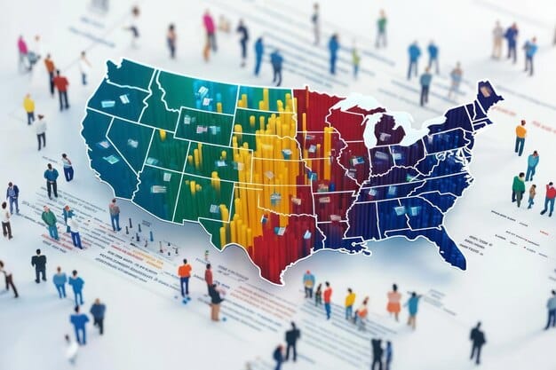 A map of the US showing the regions with the highest projected growth rates for minority populations, highlighting areas where economic policies need to adapt to diverse needs.