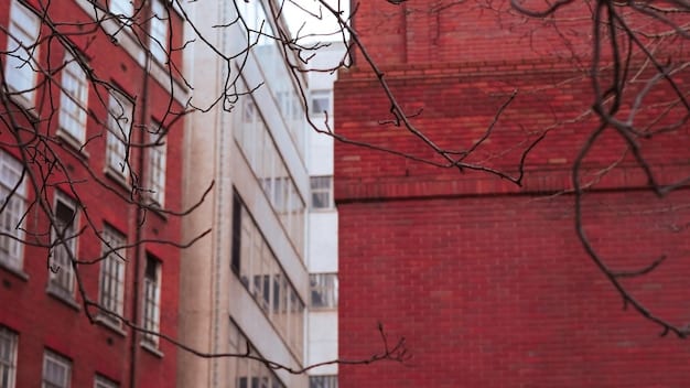 A split image contrasting a well-maintained, affluent neighborhood with a redlined area showing dilapidated buildings and poor infrastructure. The affluent neighborhood has green lawns and modern houses, while the redlined area shows cracked sidewalks, boarded-up windows, and a general state of disrepair.