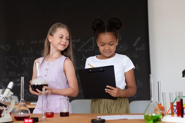 A photo showing two students, one Black and one White, working together on a science project in a well-equipped classroom, symbolizing the benefits of integrated education.