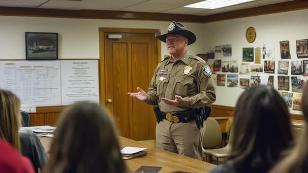 Law enforcement officers participating in a training session focused on cultural sensitivity and de-escalation techniques. The scene depicts a diverse group of officers engaged in interactive exercises and discussions.
