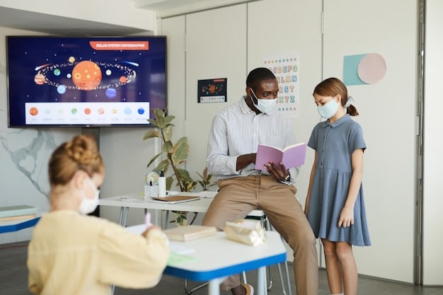 A diverse classroom where students are engaged in a discussion, with an interactive whiteboard displaying an infographic about systemic racism and its effects on different communities. The setting is inclusive and engaging.