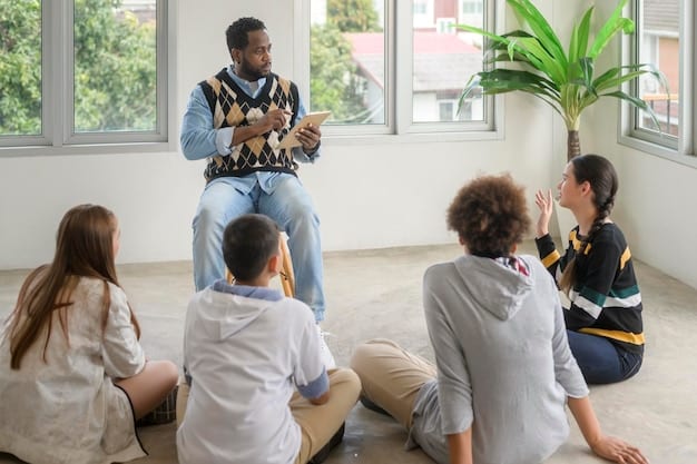 A group of diverse young adults are sitting in a circle, engaging in a support group session. They are listening attentively and empathetically to one another. The setting is warm and inviting, suggesting a safe space for sharing experiences.