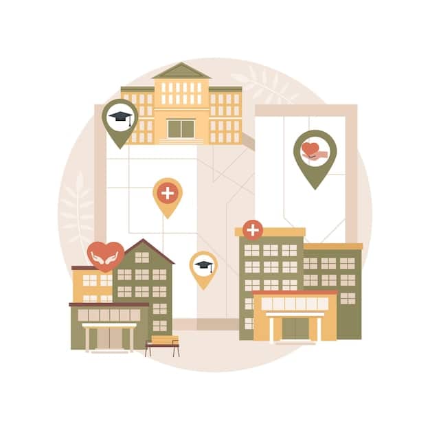 A side-by-side comparison showing affluent neighborhoods with easy access to healthcare facilities and impoverished neighborhoods with limited or no access to healthcare.