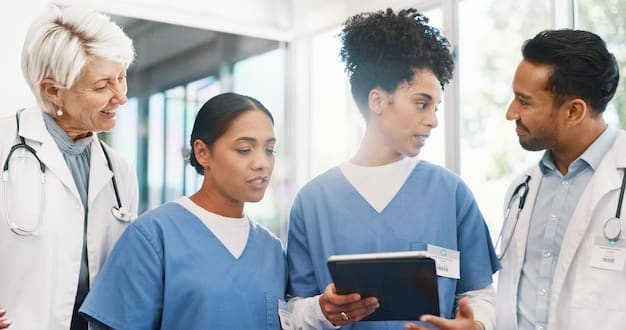 A diverse group of healthcare professionals (doctors, nurses, community health workers) interacting with patients in a community health center, emphasizing culturally competent care.