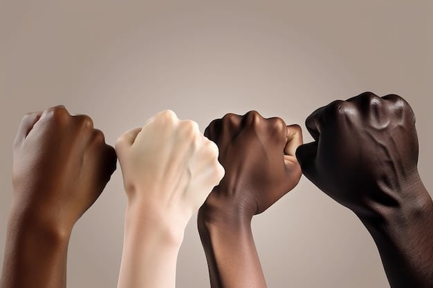A diverse group of hands raised together in solidarity symbolizing unity and support for racial justice.