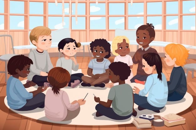 A diverse group of elementary school children are sitting in a circle in their classroom, listening to their teacher read a book about different cultures. The teacher is smiling, and the children are engaged.