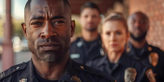 A close-up shot of law enforcement officers participating in a diversity and inclusion training session, with a focus on implicit bias recognition and strategies for fair policing.