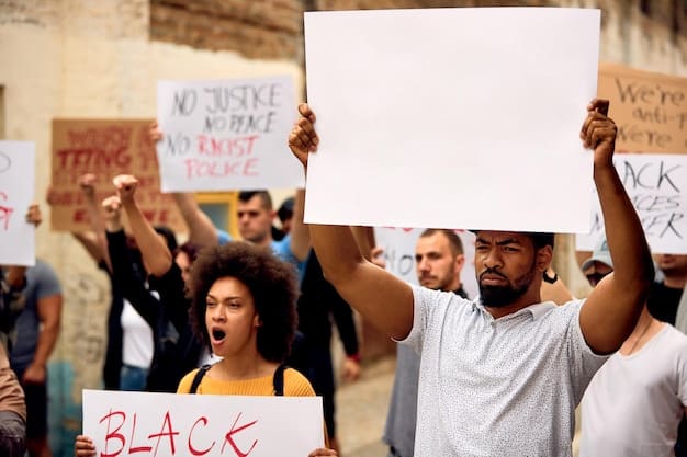 A group of diverse community organizers holding signs and banners during a peaceful protest for racial justice, with a backdrop of government buildings and diverse crowd.
