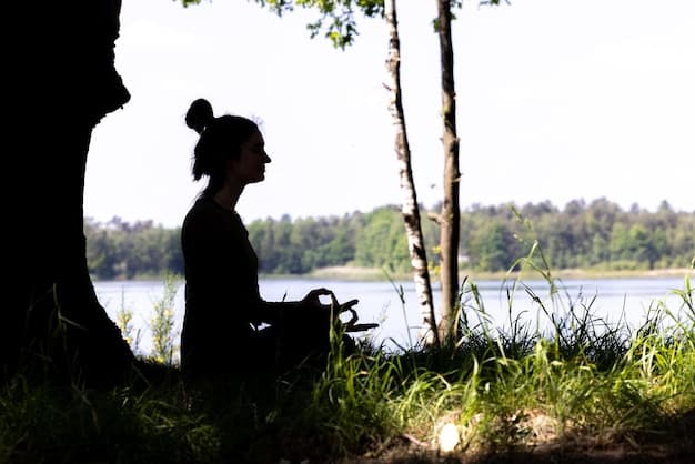 A person meditating in a serene outdoor setting, surrounded by nature. The image should convey a sense of calm and inner peace, emphasizing the use of mindfulness and meditation as coping mechanisms for stress and anxiety.