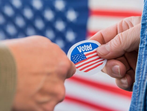 A split image depicting a voter holding a ballot with an 