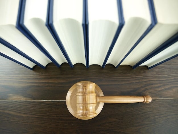 A gavel resting on a stack of law books in a dimly lit courtroom, symbolizing the legal battles and court decisions associated with voting rights legislation.