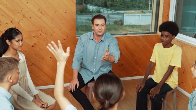 A close-up shot of a teacher facilitating a small group discussion among middle school students. The students are of diverse ethnic backgrounds and are engaged in a lively debate, expressing different viewpoints respectfully. The teacher is listening attentively and guiding the conversation with thoughtful questions.
