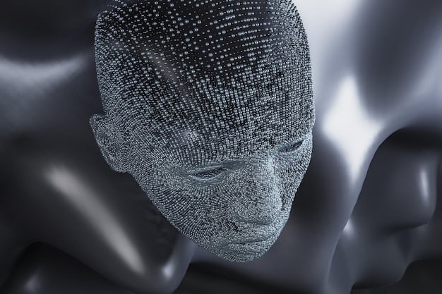 A close-up visual representation displaying distorted and fragmented data points forming a human face, symbolizing the presence and impact of biases within datasets leveraged by AI algorithms. The use of glitch effects and a monochrome filter enhances the concept of flawed, prejudiced AI outcomes.