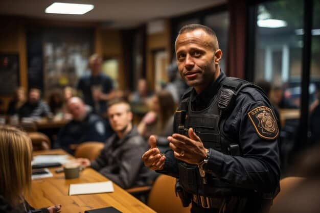 A diverse group of law enforcement officers participating in a training session that focuses on implicit bias and cultural sensitivity. The scene includes interactive exercises and discussions aimed at increasing awareness and improving communication between officers and community members.