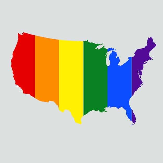 A map of the United States highlighting different states with varying levels of LGBTQ+ legal protections. Some states are marked with symbols indicating comprehensive protections, while others show limited or no protections.