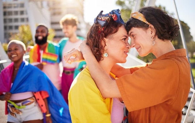 A photo of a community event promoting LGBTQ+ acceptance, featuring people of diverse backgrounds holding signs with messages of love, equality, and inclusion. The atmosphere is positive and supportive.