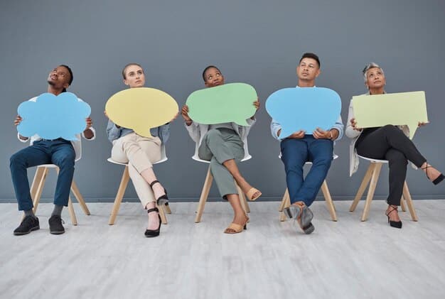 A diverse group of people sitting in a circle, engaging in a conversation, with speech bubbles above them showing respectful exchange of ideas.