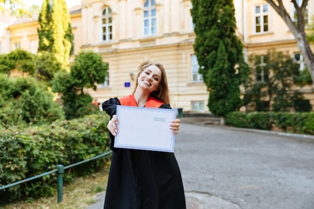 A young woman in a graduation gown smiling and holding a diploma, with a university campus in the background. The image represents the achievement and empowerment gained through education.