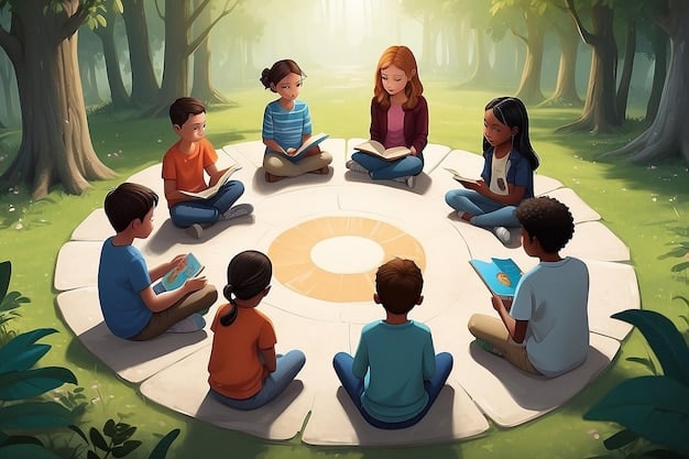 a group of diverse students sitting in a circle, engaged in a discussion about a book with a social justice theme. The scene focuses on the power of literature and dialogue in promoting understanding.