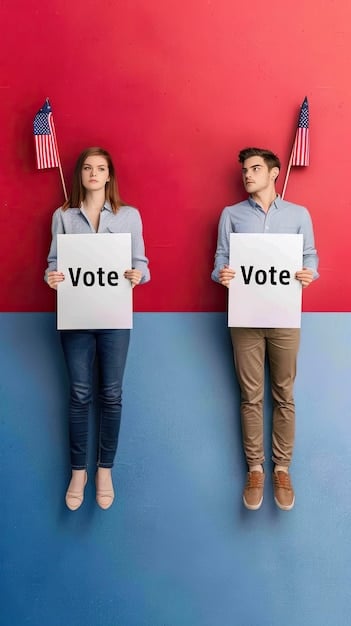 A split image showing two contrasting scenes: one side depicts a long line of voters waiting at a polling station in a crowded urban area, and the other side shows an empty polling station in a rural area. The image represents disparities in voting access and turnout across different communities.