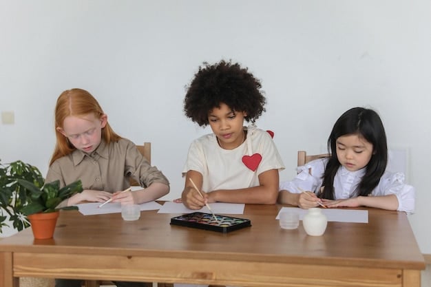 A close-up shot of a diverse group of middle school students collaboratively working on a project at a table. The students are smiling and appear engaged in the task. Their project involves creating a poster promoting cultural awareness, with images and text representing different cultures.