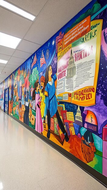 A shot of a school hallway decorated with posters and artwork celebrating different cultures. Students of various ethnicities are walking down the hallway, smiling and interacting with each other. The atmosphere is warm and welcoming.