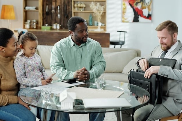 An undocumented immigrant family receiving legal aid and support from a non-profit organization. The scene depicts a lawyer explaining their legal options while the family listens attentively.