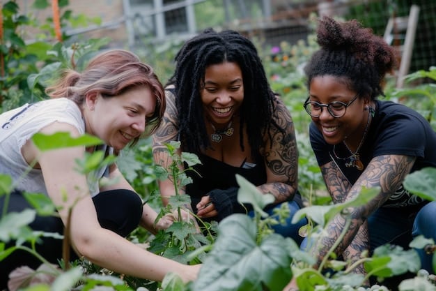 A group of diverse people working together in a community garden. They are planting vegetables and smiling, symbolizing community empowerment and sustainable solutions.