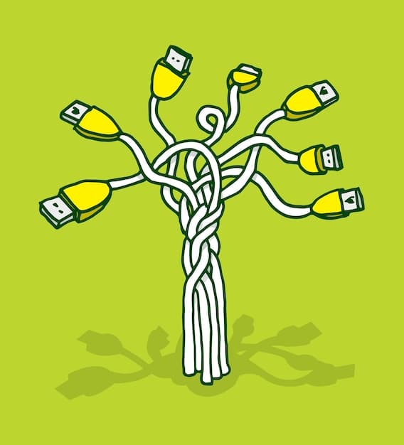 An illustration depicting a tangled web of interconnected cords representing the complicated relationships and payment flows between artists, streaming platforms, labels, and publishers, all leading to a small pile of money at the center symbolizing artist royalties.