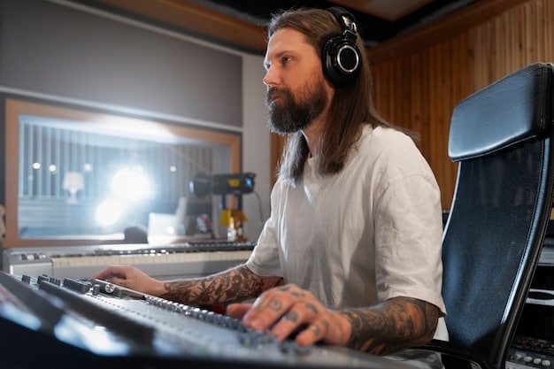 A musician using a digital audio workstation (DAW) to create music in a home studio. The focus should be on the technology and tools used in modern music production.