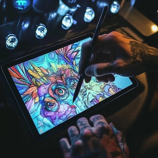 A close-up shot of a digital artist using a stylus on a tablet to create NFT artwork. The screen displays intricate lines and vibrant colors, showcasing the process of digital art creation.
