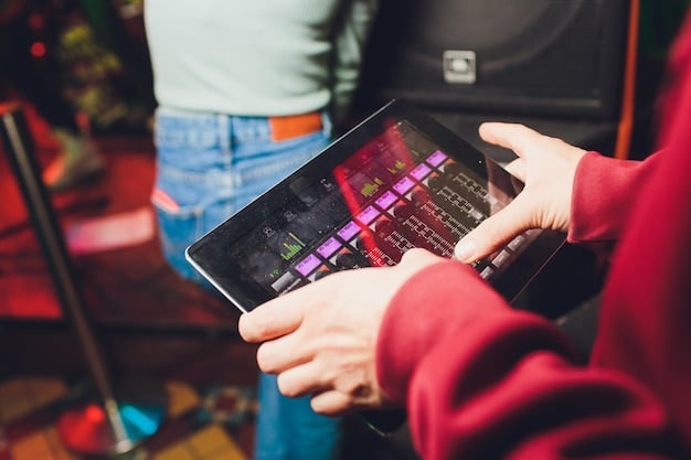 A tablet displaying a music licensing platform interface, showing details of mechanical licenses, royalty rates, and reporting tools. Bright colors and intuitive design emphasize ease of use.