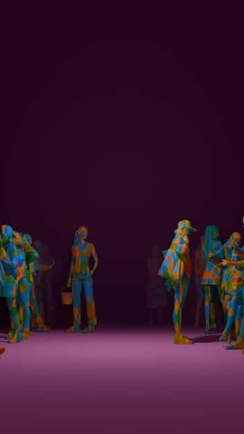 A close-up of a stage where digital projections are being used to create a surreal, dreamlike environment. The actors are silhouetted against the vibrant, animated backdrop.